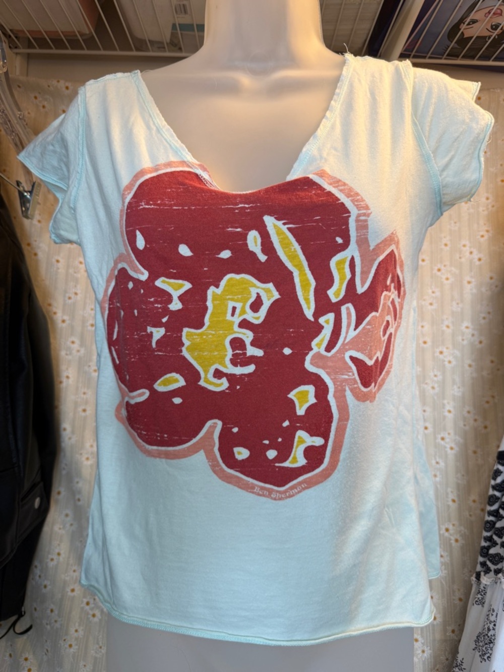 Ben Sherman Aqua Scoop Neck Tee with Red & Yellow Floral Print
